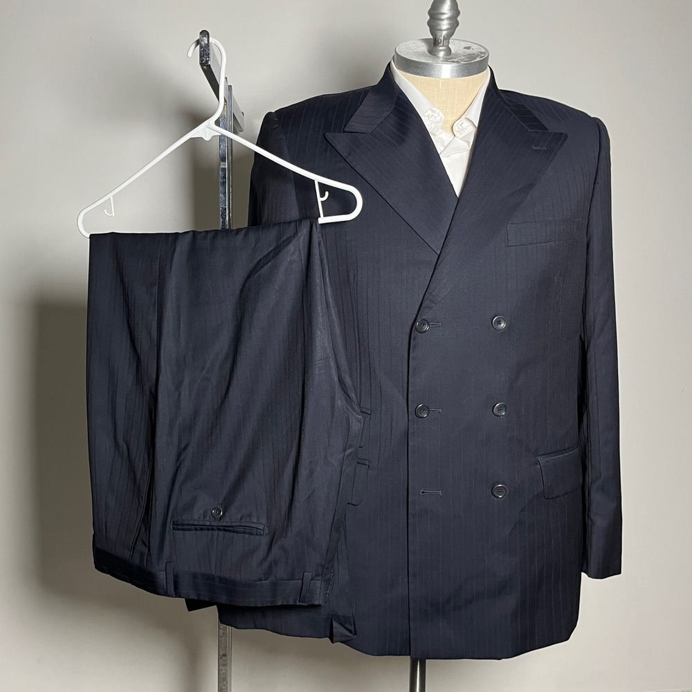 Gianni Manzoni Suit Mens‎ 44L 36W Navy Blue Pinstripe Zegna Wool Double Breasted